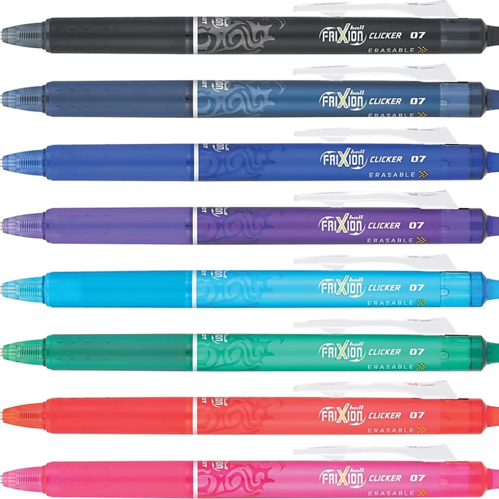 Pilot® FriXion® Ball Clicker Erasable Retractable Gel Pens, Pack of 8, Fine Point, 0.7 mm, Assorted Barrel Colors, Assorted Ink Colors