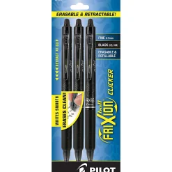Pilot® FriXion® Ball Clicker Erasable Retractable Gel Pens, Pack of 3, Fine Point, 0.7 mm, Black Barrels, Black Ink