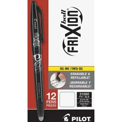 Pilot® FriXion® Ball Erasable Gel Pens, Pack of 12, Fine Point, 0.7 mm, Black Barrel, Black Ink