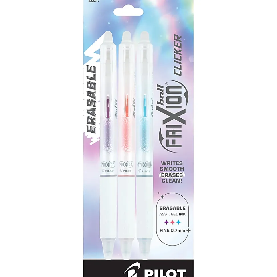 Pilot FriXion Clicker Aura Retractable Erasable Gel Ink Pens, Fine Point, 0.7mm, White Barrel, Assorted Ink, Pack of 3 Pens