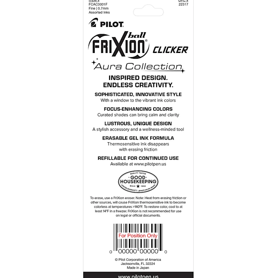 Pilot FriXion Clicker Aura Retractable Erasable Gel Ink Pens, Fine Point, 0.7mm, White Barrel, Assorted Ink, Pack of 3 Pens