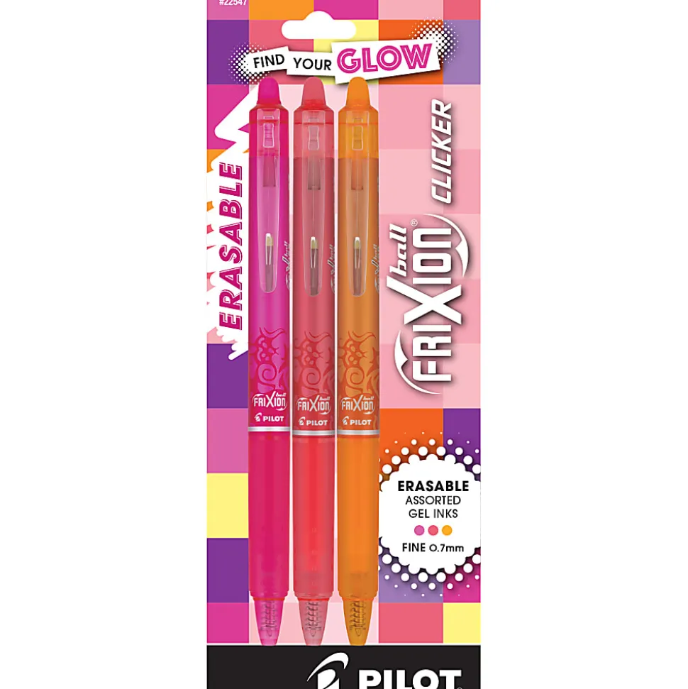 Pilot FriXion Clicker Vibe Glow Retractable Erasable Gel Ink Pens, Fine Point, 0.7mm, Assorted Barrels, Assorted Inks, Pack of 3 Pens