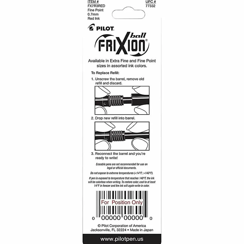 Pilot® FriXion® Erasable Ink Pen Refills, Fine Point, 0.7mm, Red Ink, Pack Of 3