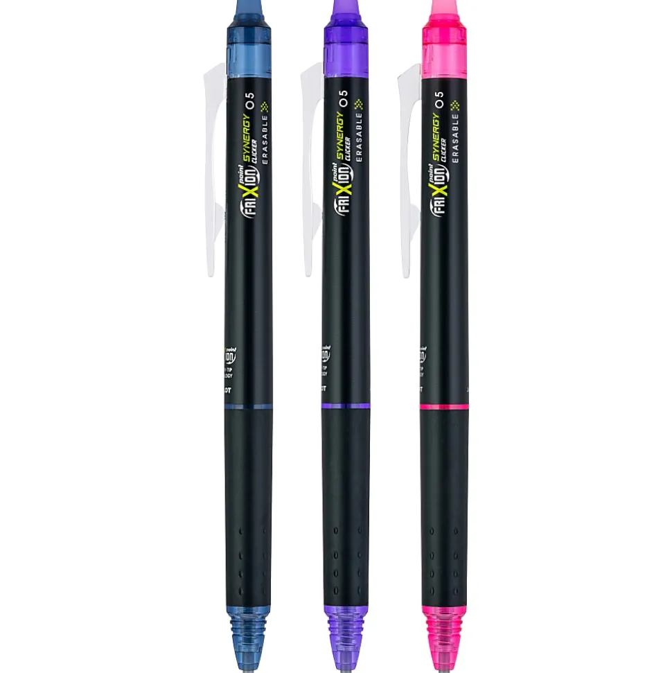 Pilot® FriXion® Synergy Clicker Erasable Retractable Gel Pens, Pack of 3, Extra Fine Point, 0.5mm, Black Barrel, Assorted Inks