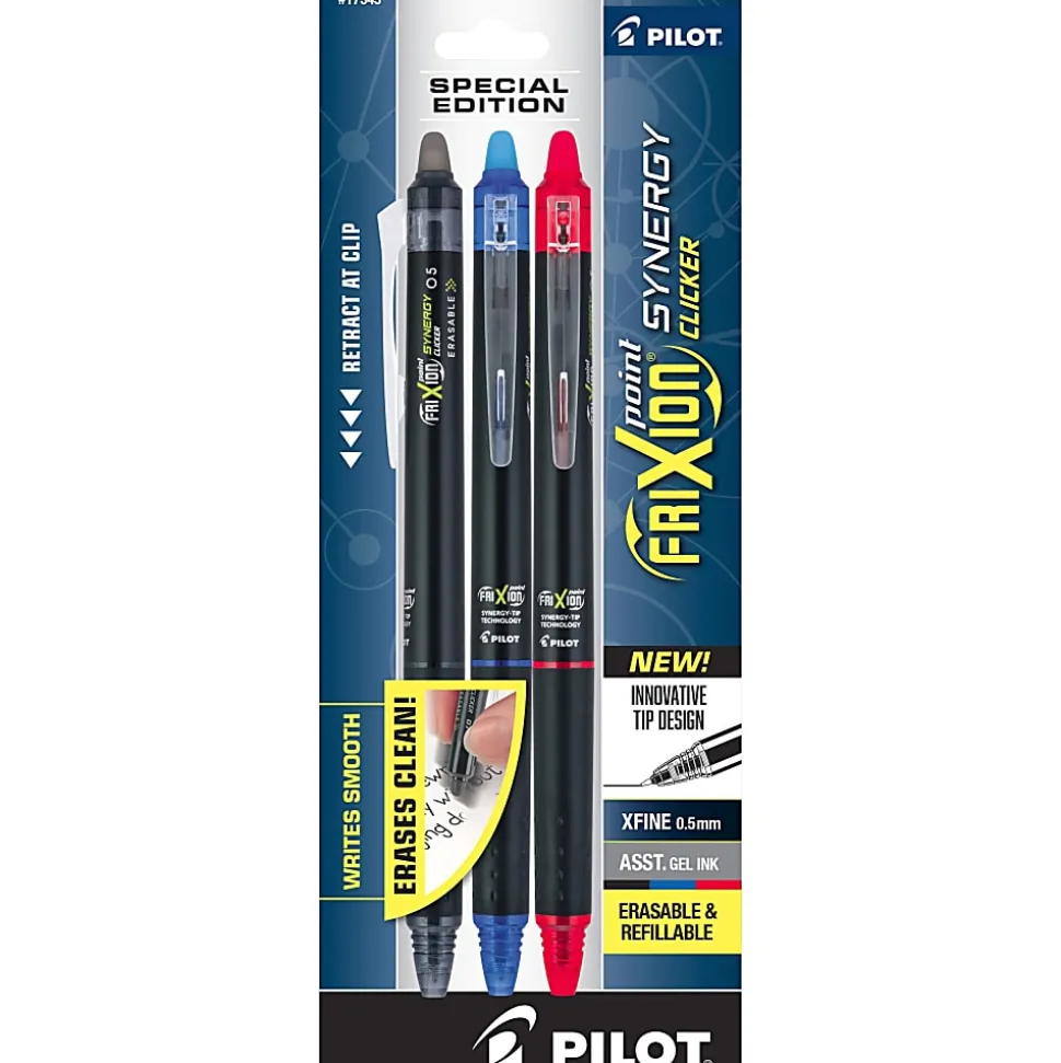 Pilot® FriXion® Synergy Clicker Erasable Retractable Gel Pens, Pack of 3, Extra-Fine Point, 0.5 mm, Black Barrel, Assorted Inks