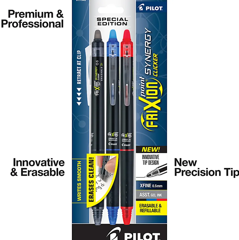 Pilot® FriXion® Synergy Clicker Erasable Retractable Gel Pens, Pack of 3, Extra-Fine Point, 0.5 mm, Black Barrel, Assorted Inks
