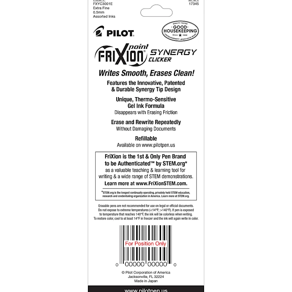 Pilot® FriXion® Synergy Clicker Erasable Retractable Gel Pens, Pack of 3, Extra-Fine Point, 0.5 mm, Black Barrel, Assorted Inks