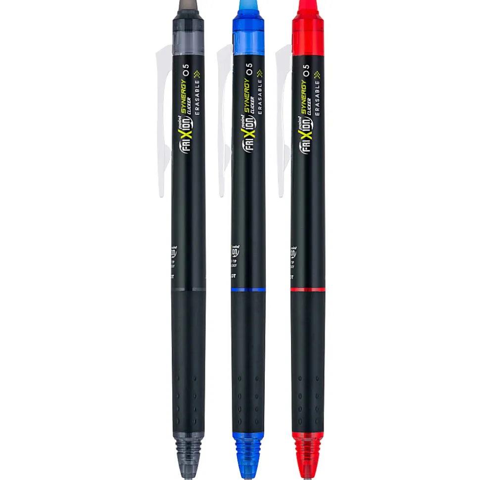 Pilot® FriXion® Synergy Clicker Erasable Retractable Gel Pens, Pack of 3, Extra-Fine Point, 0.5 mm, Black Barrel, Assorted Inks