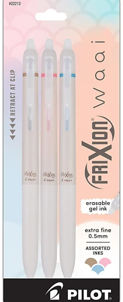 Pilot FriXion Waai Retractable Erasable Gel Ink Pens, Extra Fine Point, 0.5mm, Beige Barrels, Assorted Inks, Pack of 3 Pens, 22212