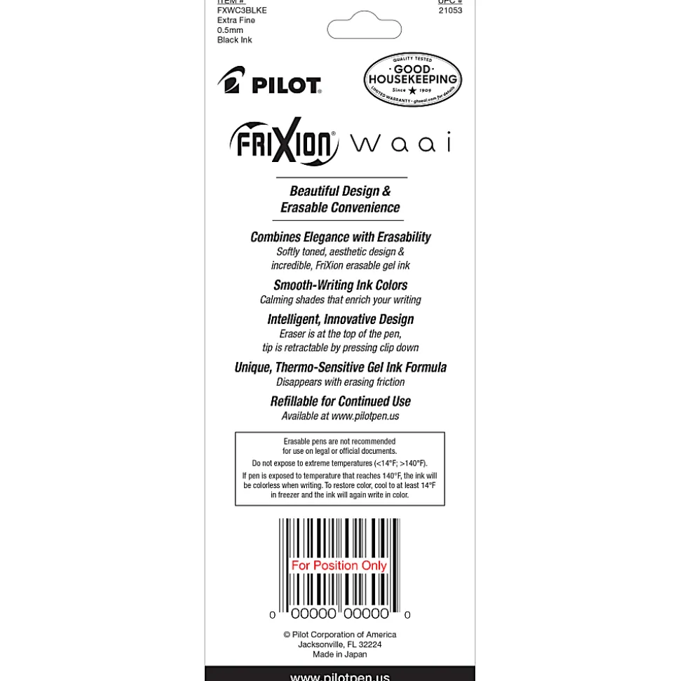 Pilot FriXion Waai Retractable Erasable Gel Ink Pens, Extra Fine Point, 0.5mm, Beige Barrels, Black Ink, Pack of 3 Pens