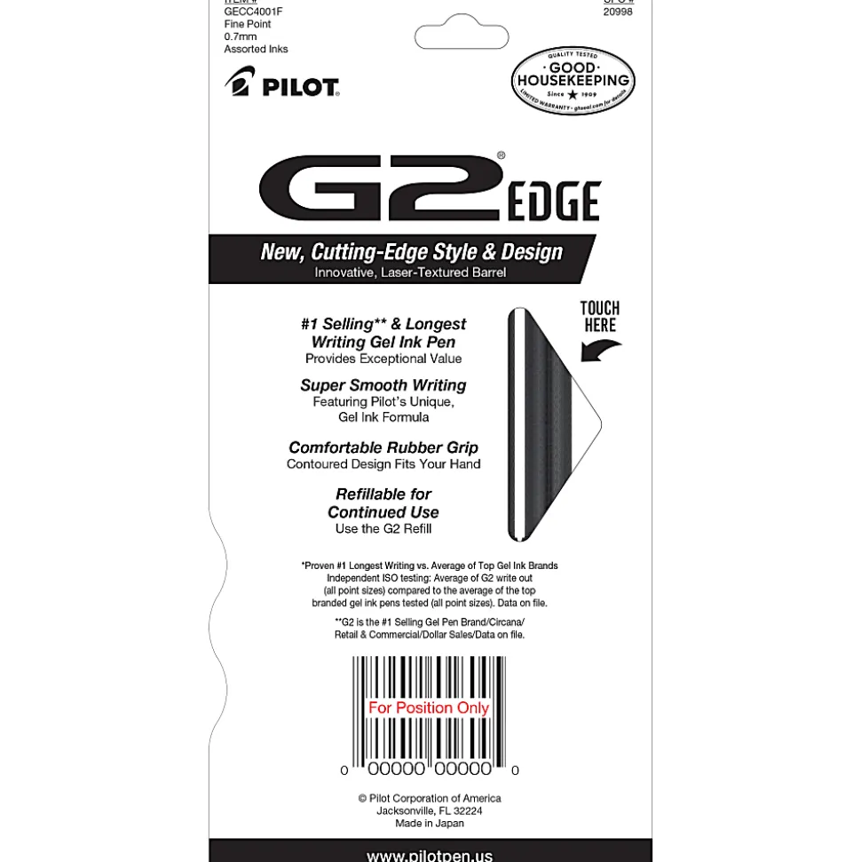 Pilot G2 Edge Gel Pens, Fine Point, 0.7mm, Black Barrel, Assorted Inks, Pack of 4 Pens
