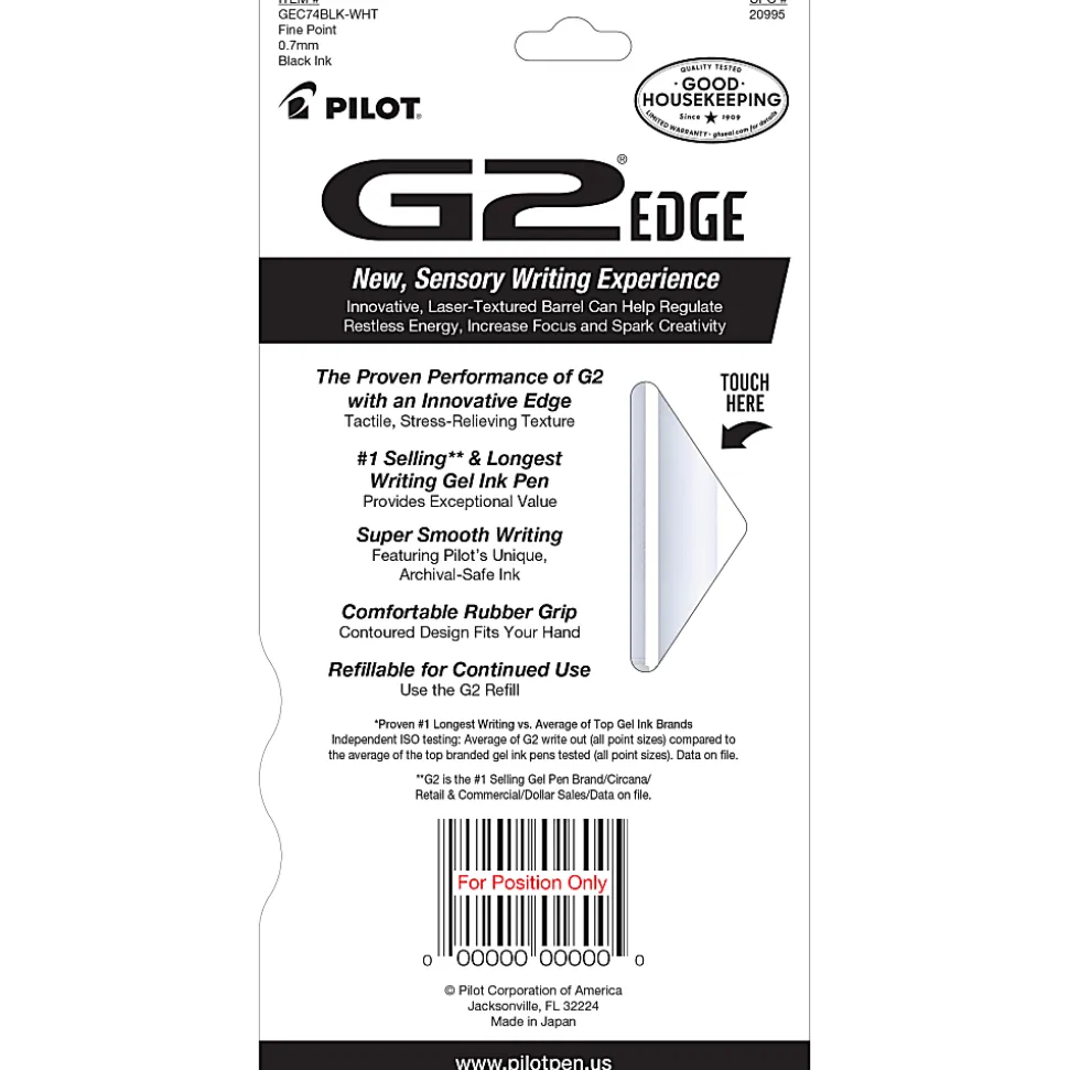 Pilot G2 Edge White Gel Pens, Fine Point, 0.7mm, White Barrels, Black Ink, Pack of 4 pens