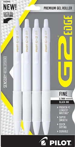 Pilot G2 Edge White Gel Pens, Fine Point, 0.7mm, White Barrels, Black Ink, Pack of 4 pens