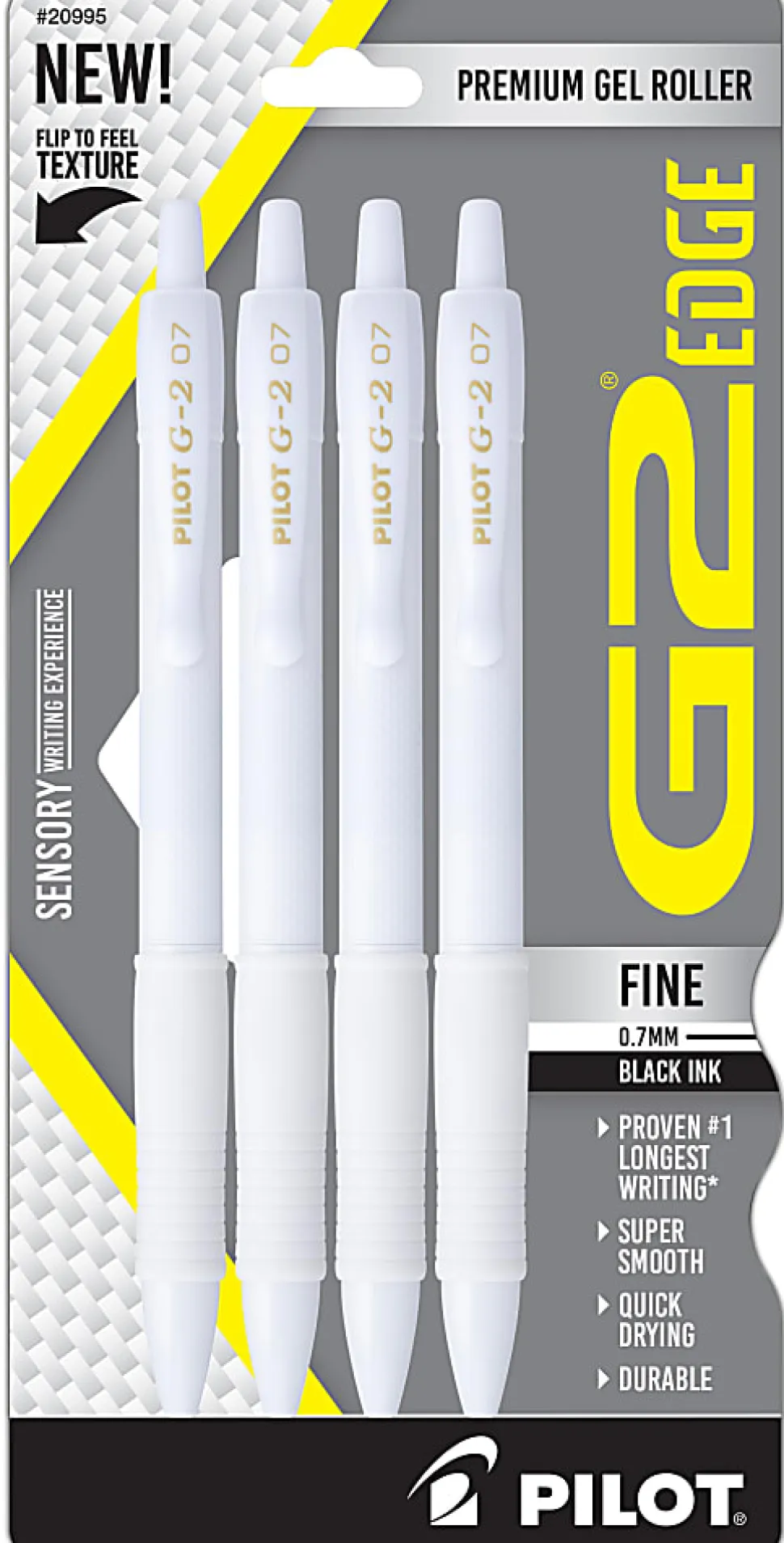 Pilot G2 Edge White Gel Pens, Fine Point, 0.7mm, White Barrels, Black Ink, Pack of 4 pens