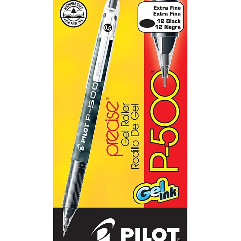 Pilot® Gel Ink Rollerball Pens, P-500, Extra-Fine Point, 0.5 mm, Black Barrel, Black Ink, Pack Of 12 Pens