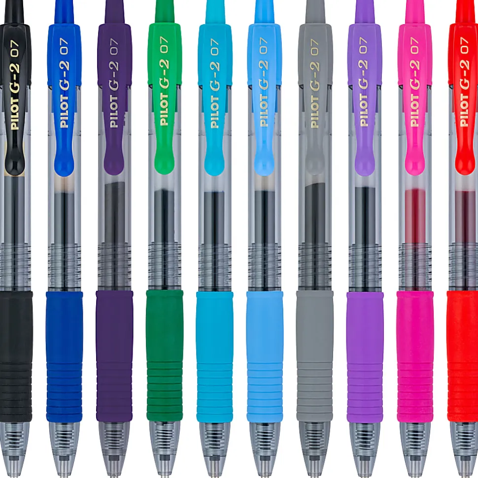 Pilot G2 Gel Pens, Fine Point, 0.7mm, Translucent Barrels, Assorted Inks, Pack Of 10 Pens