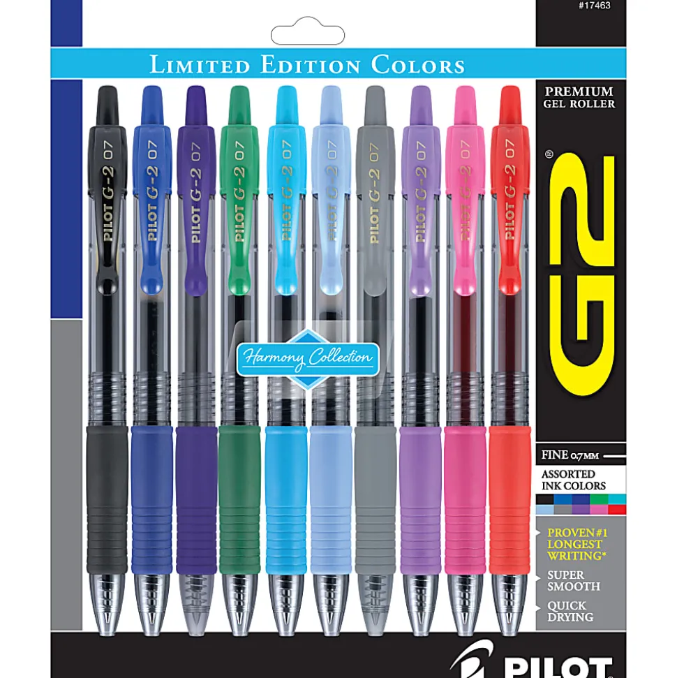 Pilot G2 Gel Pens, Fine Point, 0.7mm, Translucent Barrels, Assorted Inks, Pack Of 10 Pens