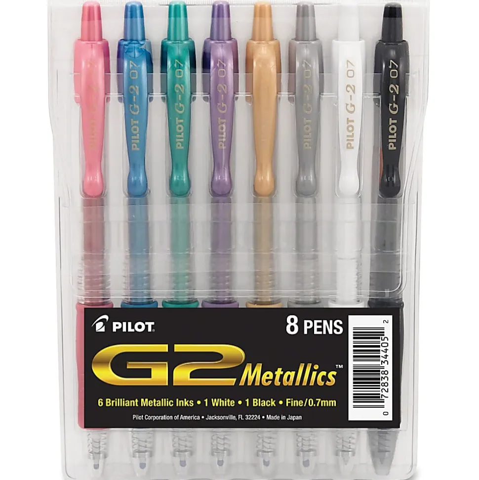 Pilot G2 Metallics Gel Pens, Fine Point, 0.7 mm, Assorted Barrel Colors, Assorted Ink Colors, Pack Of 8 Pens