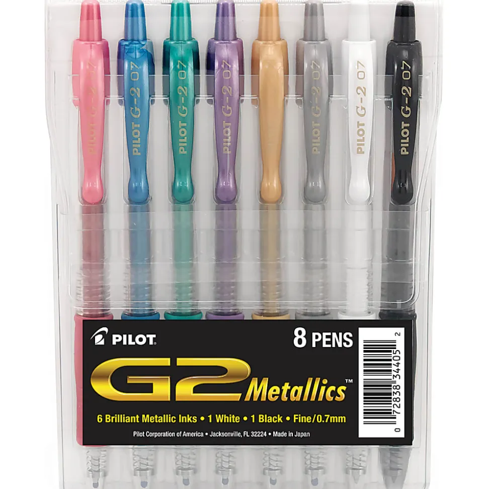 Pilot G2 Metallics Gel Pens, Fine Point, 0.7 mm, Assorted Barrel Colors, Assorted Ink Colors, Pack Of 8 Pens