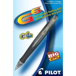 Pilot® G-6 Retractable Gel Ink Rollerball Pens, Fine Point, 0.7 mm, Black Barrel, Black Ink, Pack Of 12 Pens