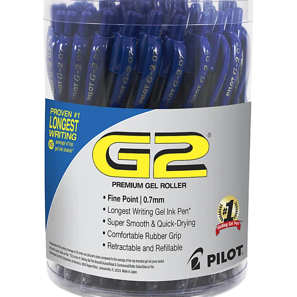 Pilot G2 Retractable Gel Pen, Fine Point, 0.7mm, Clear Barrels, Blue Ink, Tub Of 36 Pens