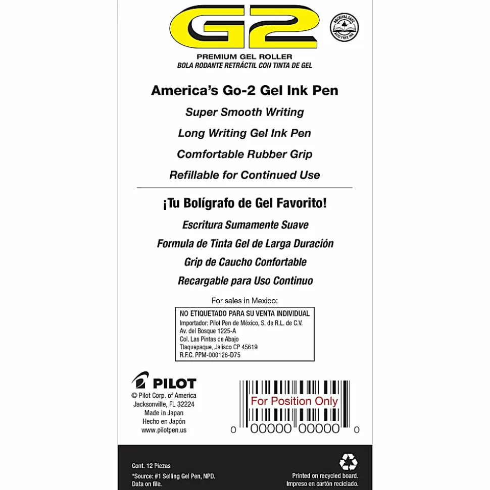 Pilot G2 Retractable Gel Pens, Bold Point, 1.0 mm, Clear Barrels, Black Ink, Pack Of 12 Pens