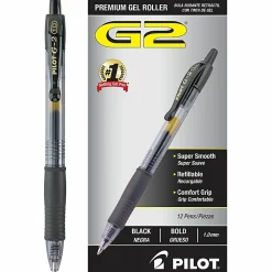 Pilot G2 Retractable Gel Pens, Bold Point, 1.0 mm, Clear Barrels, Black Ink, Pack Of 12 Pens