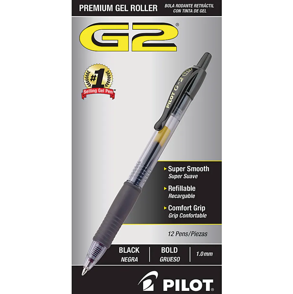Pilot G2 Retractable Gel Pens, Bold Point, 1.0 mm, Clear Barrels, Black Ink, Pack Of 12 Pens