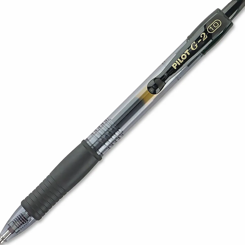 Pilot G2 Retractable Gel Pens, Bold Point, 1.0 mm, Clear Barrels, Black Ink, Pack Of 12 Pens