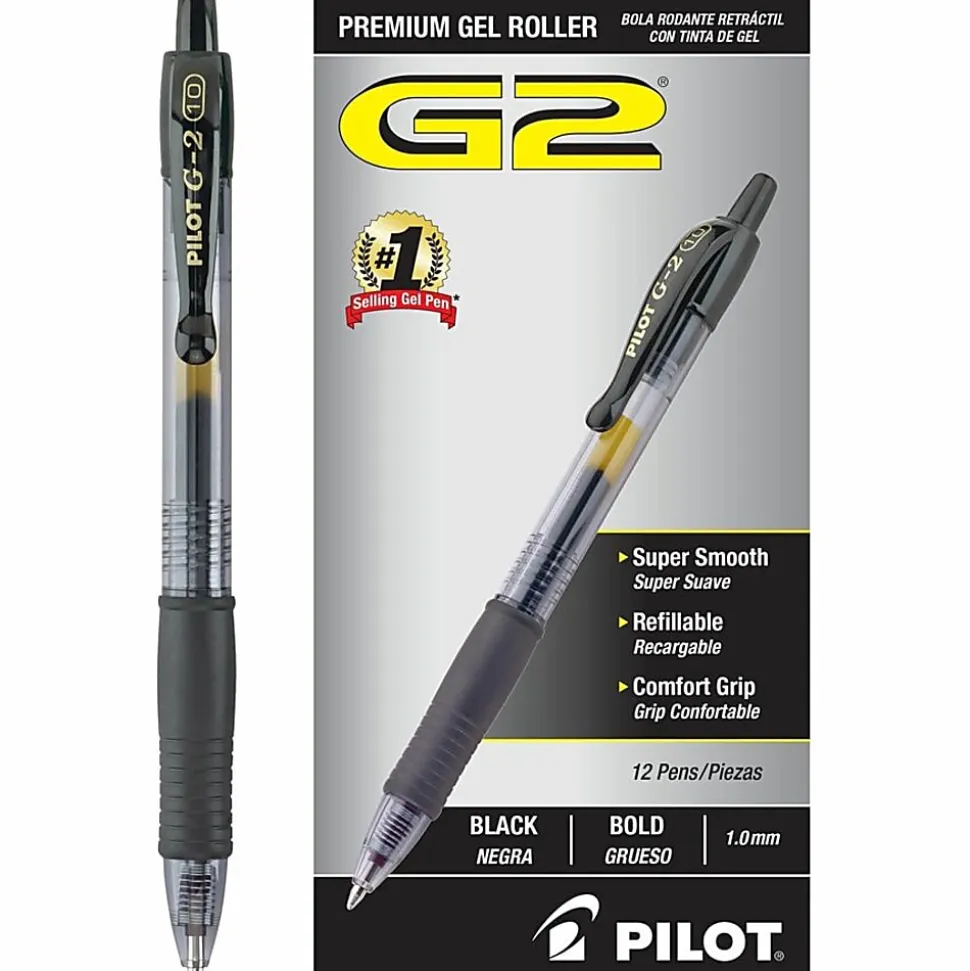 Pilot G2 Retractable Gel Pens, Bold Point, 1.0 mm, Clear Barrels, Black Ink, Pack Of 12 Pens
