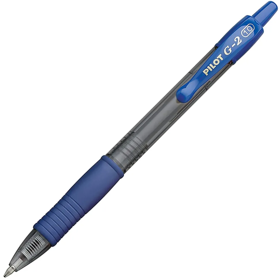 Pilot G2 Retractable Gel Pens, Bold Point, 1.0 mm, Clear Barrels, Blue Ink, Pack Of 12 Pens