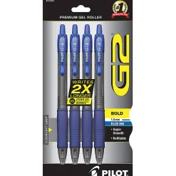 Pilot G2 Retractable Gel Pens, Bold Point, 1.0 mm, Clear Barrels, Blue Ink, Pack Of 4