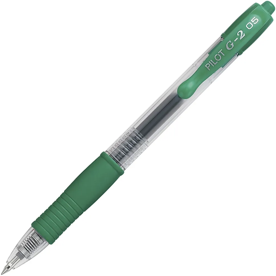 Pilot® G-2® Retractable Gel Pens, Extra Fine Point, 0.5 mm, Clear Barrels, Green Ink, Pack Of 12