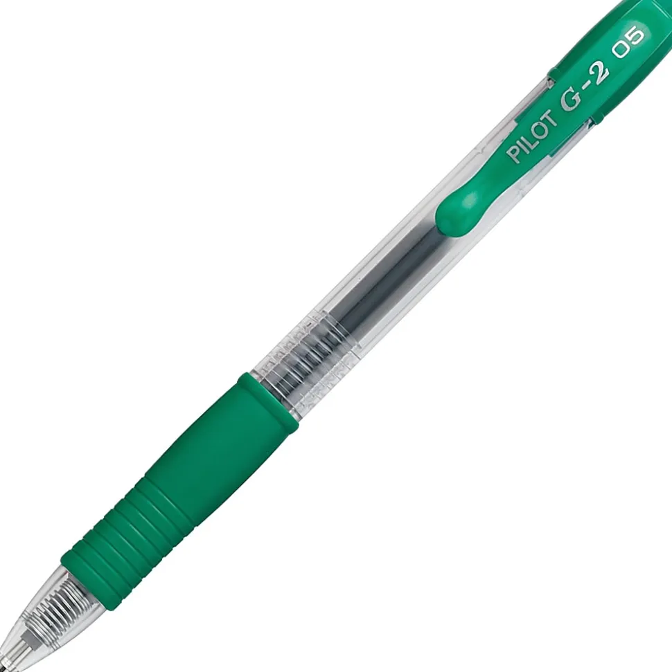 Pilot® G-2® Retractable Gel Pens, Extra Fine Point, 0.5 mm, Clear Barrels, Green Ink, Pack Of 12