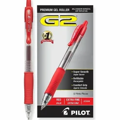 Pilot G2 Retractable Gel Pens, Extra Fine Point, 0.5 mm, Clear Barrels, Red Ink, Pack Of 12
