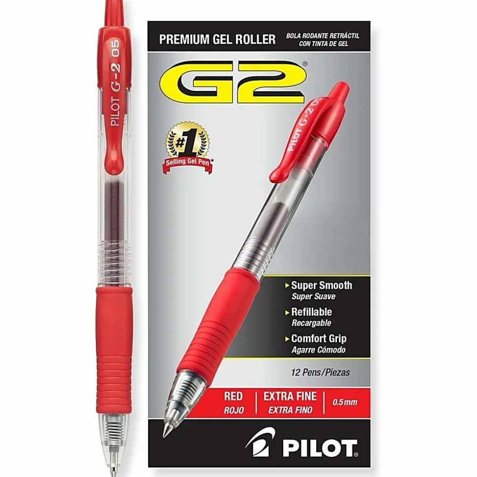 Pilot G2 Retractable Gel Pens, Extra Fine Point, 0.5 mm, Clear Barrels, Red Ink, Pack Of 12