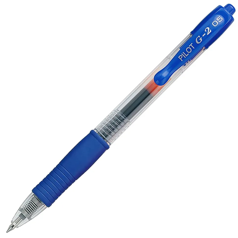 Pilot G2 Retractable Gel Pens, Extra Fine Point, 0.5 mm, Clear Barrels, Blue Ink, Pack Of 12