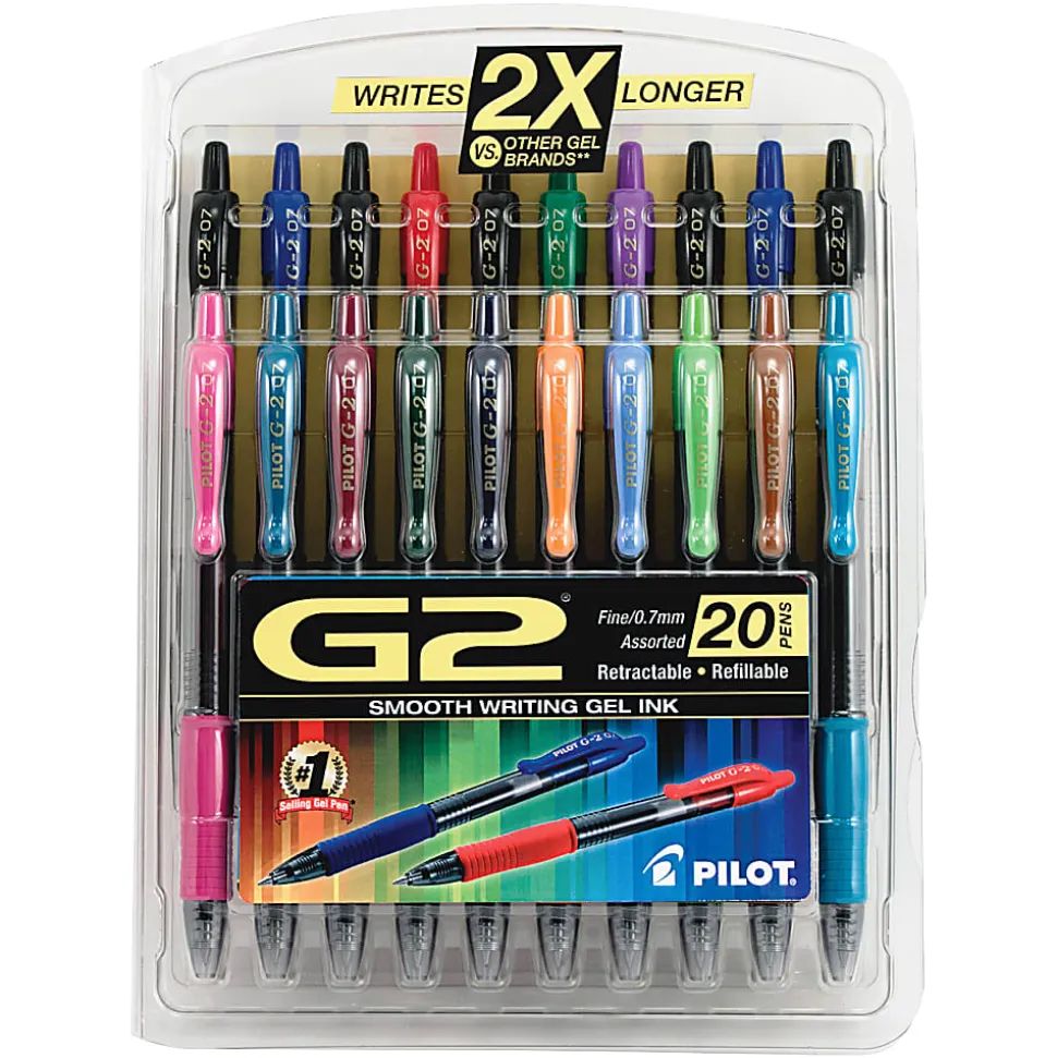 Pilot G2 Retractable Gel Pens, Fine Point, 0.7 mm, Clear Barrel, Assorted Ink Colors, Pack Of 20