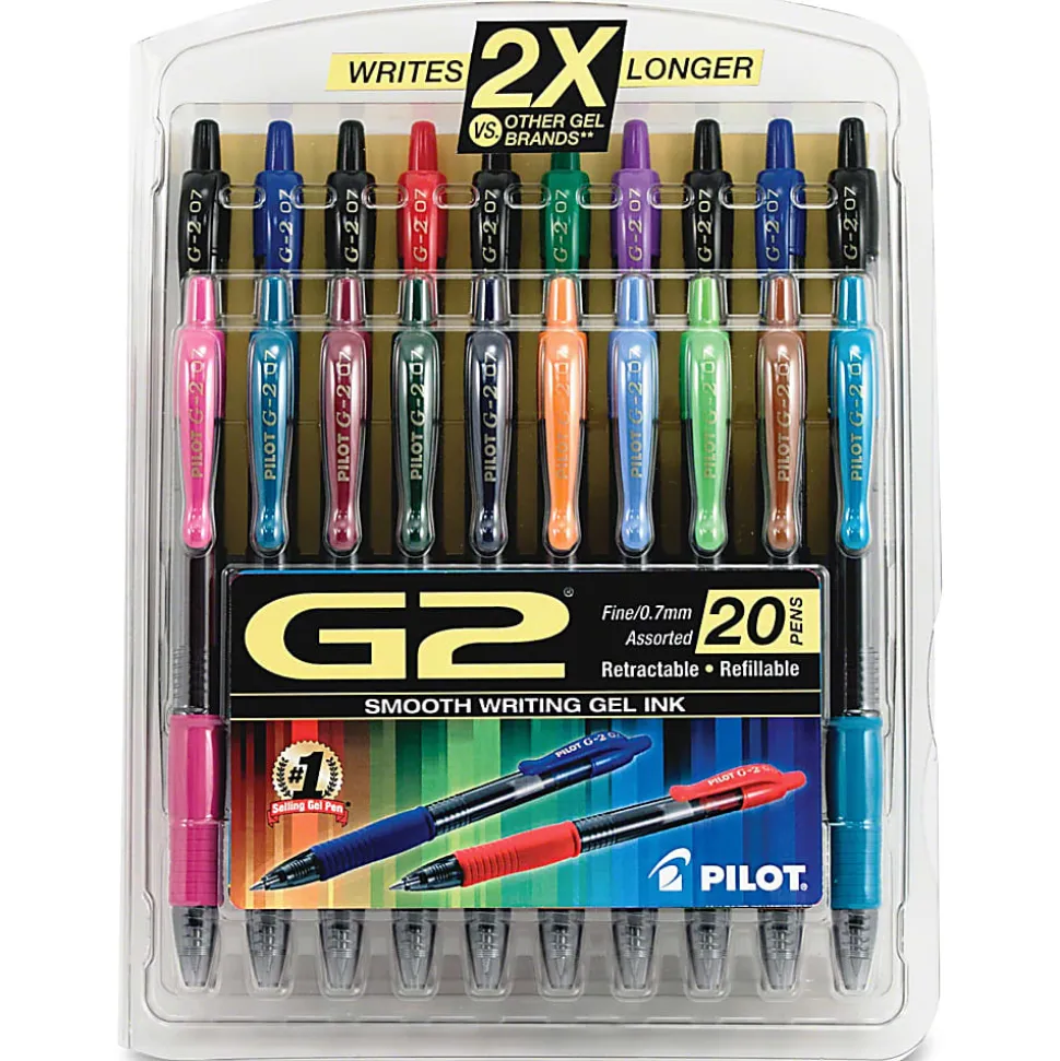 Pilot G2 Retractable Gel Pens, Fine Point, 0.7 mm, Clear Barrel, Assorted Ink Colors, Pack Of 20