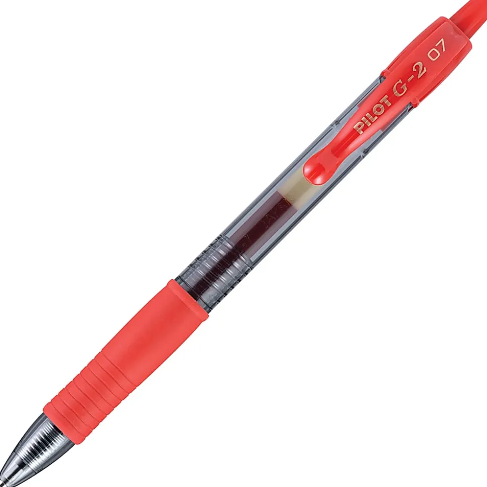 Pilot G2 Retractable Gel Pens, Fine Point, 0.7 mm, Clear Barrels, Red Ink, Pack Of 12 Pens