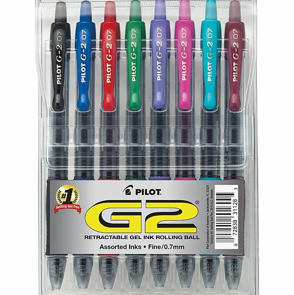 Pilot G2 Retractable Gel Pens, Fine Point, 0.7 mm, Clear Barrels, Assorted Ink, Pack Of 8 Pens