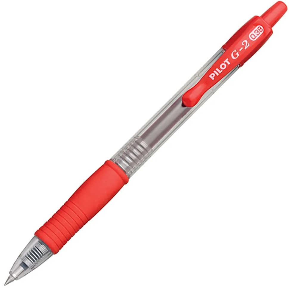 Pilot G2 Retractable Gel Pens, Ultra Fine Point, 0.38 mm, Clear Barrels, Red Ink, Pack Of 12