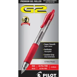 Pilot G2 Retractable Gel Pens, Ultra Fine Point, 0.38 mm, Clear Barrels, Red Ink, Pack Of 12