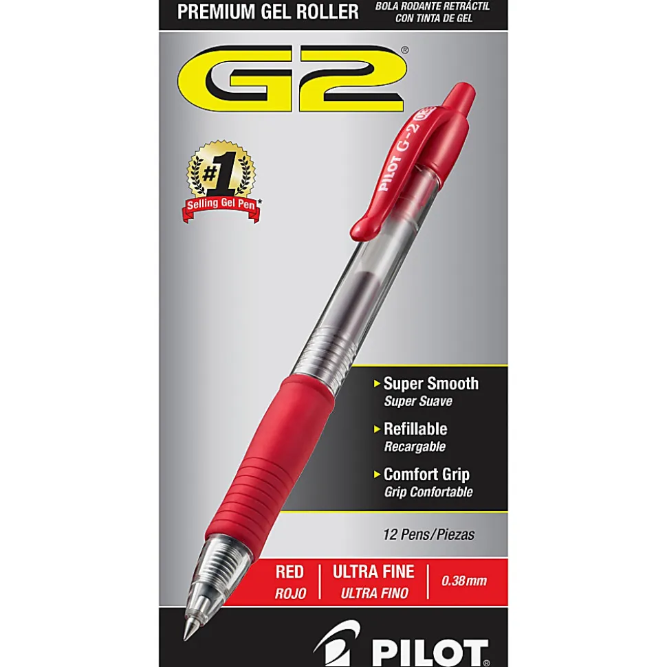 Pilot G2 Retractable Gel Pens, Ultra Fine Point, 0.38 mm, Clear Barrels, Red Ink, Pack Of 12