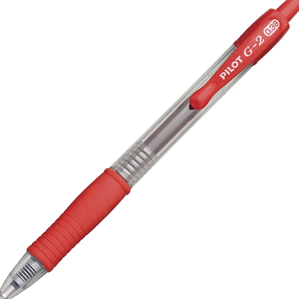 Pilot G2 Retractable Gel Pens, Ultra Fine Point, 0.38 mm, Clear Barrels, Red Ink, Pack Of 12