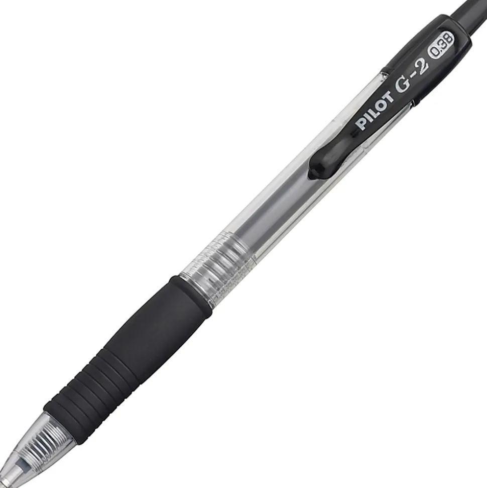 Pilot G2 Retractable Gel Pens, Ultra Fine Point, 0.38 mm, Clear Barrels, Black Ink, Pack Of 12