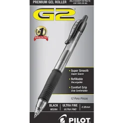 Pilot G2 Retractable Gel Pens, Ultra Fine Point, 0.38 mm, Clear Barrels, Black Ink, Pack Of 12