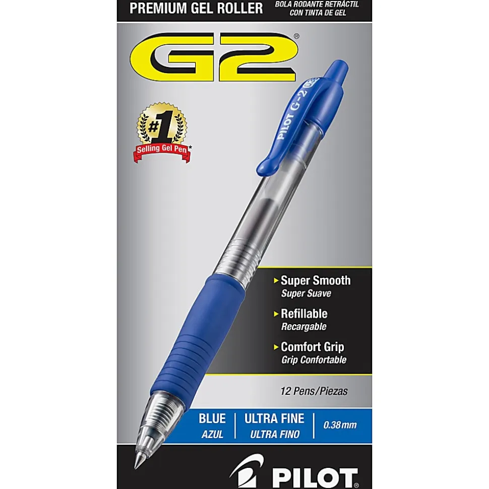 Pilot G2 Retractable Gel Pens, Ultra Fine Point, 0.38 mm, Clear Barrels, Blue Ink, Pack Of 12