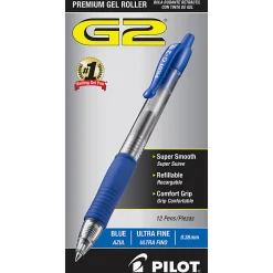 Pilot G2 Retractable Gel Pens, Ultra Fine Point, 0.38 mm, Clear Barrels, Blue Ink, Pack Of 12