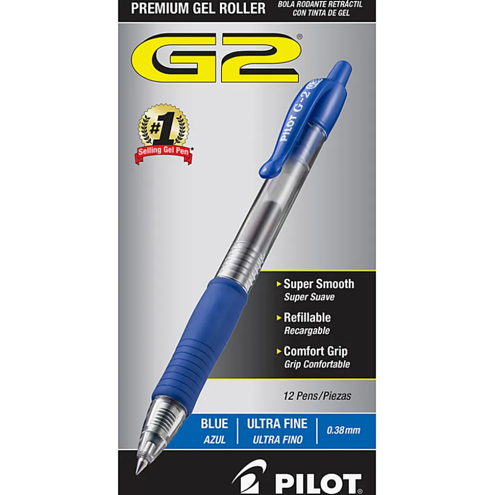 Pilot G2 Retractable Gel Pens, Ultra Fine Point, 0.38 mm, Clear Barrels, Blue Ink, Pack Of 12